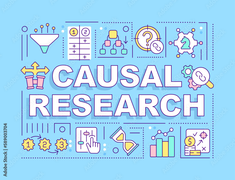 Causal research word concepts dark purple banner. Marketing tool. Infographics with editable icons on color background. Isolated typography. Vector illustration with text. Arial-Black font used