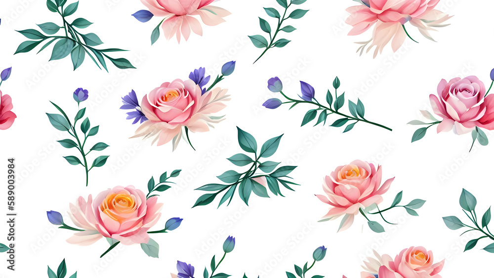 vector watercolor colorful flowers pattern with white background, rose pattern, pink flowers pattern, seamless floral pattern, seamless pattern with flowers