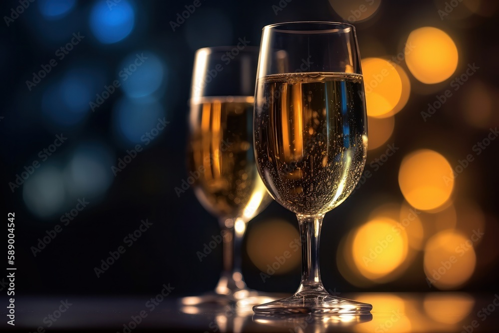 Two glasses of champagne on bokeh background, celebration concept., Generative Ai Two glasses of champagne on bokeh background, celebration concept., Generative Ai