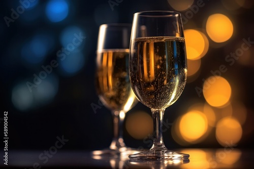 Two glasses of champagne on bokeh background, celebration concept., Generative Ai