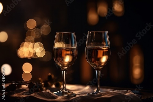Two glasses of white wine on a dark background with bokeh, Generative Ai