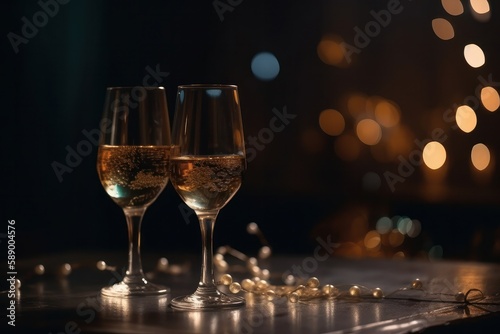 two glasses of champagne on a bokeh background, closeup, Generative Ai
