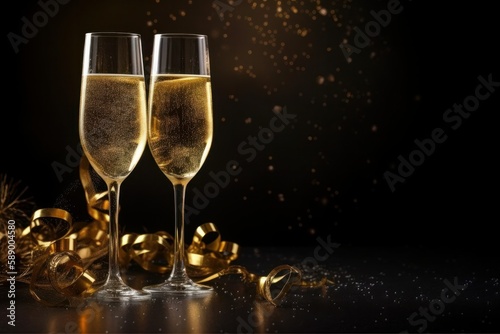 Glasses of champagne with golden ribbons and christmas decoration on black background, Generative Ai