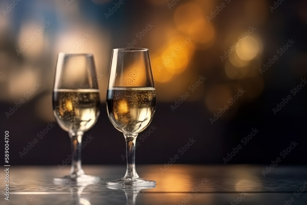 2 Glasses of champagne on the table against defocused lights. Celebration concept, Generative Ai
