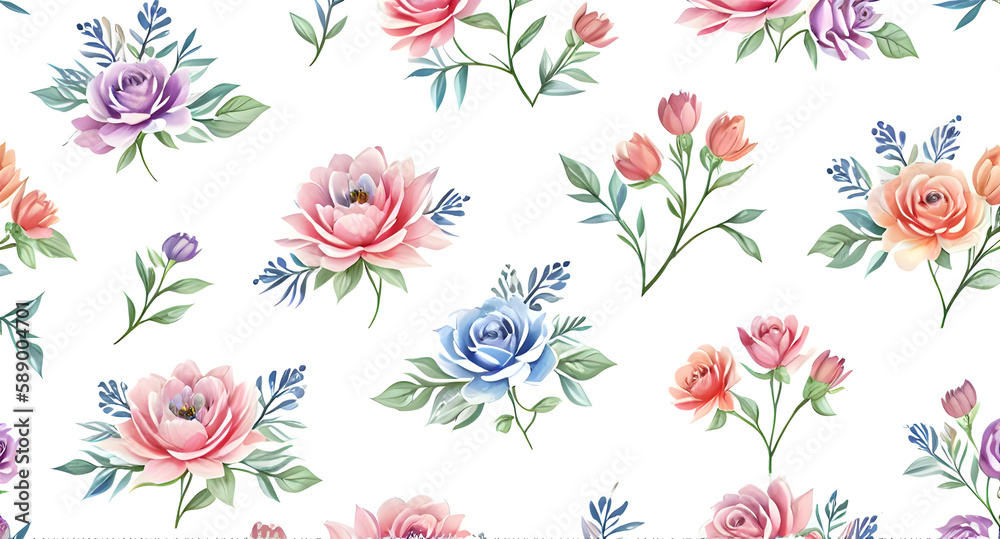 watercolor colorful flowers pattern with white background, rose pattern, pink flowers pattern, seamless floral pattern, seamless pattern with flowers, seamless pattern