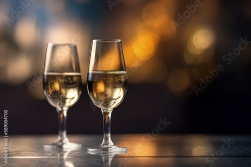 2 Glasses of champagne on the table against defocused lights. Celebration concept, Generative Ai