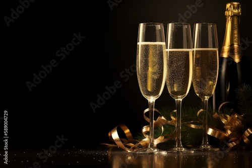 Two glasses of champagne with christmas decorations on black background. Copy space., Generative Ai
