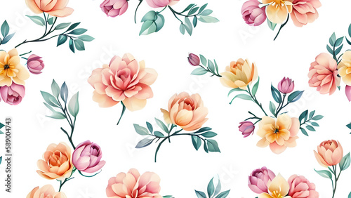 watercolor colorful flowers pattern with white background  rose pattern  pink flowers pattern  seamless floral pattern  seamless pattern with flowers  seamless pattern