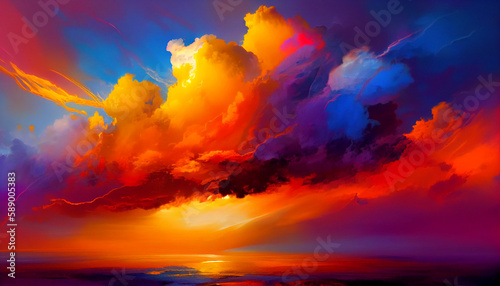 Generative AI, Dawn's Embrace: An Abstract Sunrise of Vibrant Cloud Shapes