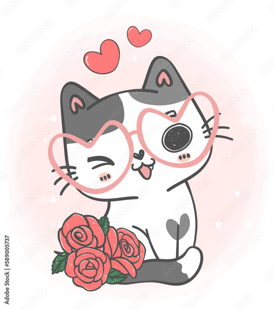 Cute Valentine cat with roses flowers,  kawaii animal cartoon hand drawing doodle 