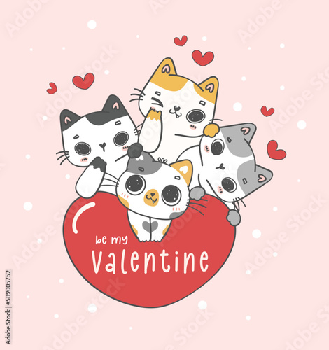 Cute Valentine stacked cat on red heart,  kawaii animal cartoon hand drawing doodle  photo