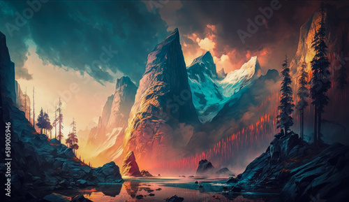 Mystical mountain range with river flowing at sunrise