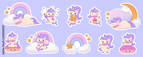 Cute Cartoon Unicorn Kawaii set. Unicorn with donut  rainbow kawaii animal sticker. Magic cute pony. Cartoon vector illustration