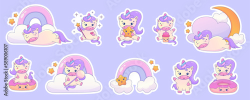Cute Cartoon Unicorn Kawaii set. Unicorn with donut, rainbow kawaii animal sticker. Magic cute pony. Cartoon vector illustration