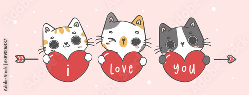 Cute Valentine cats on red heart with arrow,  kawaii animal cartoon hand drawing doodle banner
