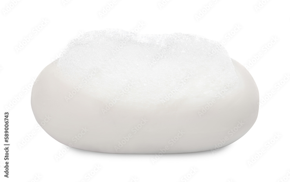 Soap bar with fluffy foam on white background Soap bar with fluffy foam on white background