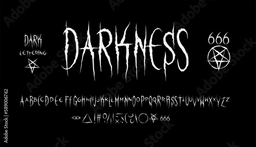 Y2k Darkness grunge tattoo type font template. Trendy Gothic Punk Rock and Dead Rock type font. Scary occult pictograms and elements. Scary font type in grunge style for prints and posters design