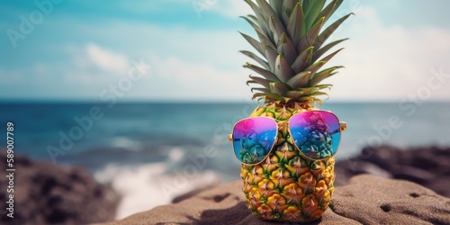 pineapple with sunglasses on tropical sea summer background. Generative AI