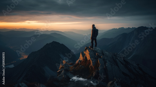 Silhouette of a person standing on a mountain with cinematic lighting during sunrise after hiking. Generative AI. © angelmaxmixam