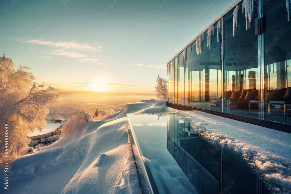 Obraz premium Frosty winter scenery and a beautiful modern hotel, Generative AI