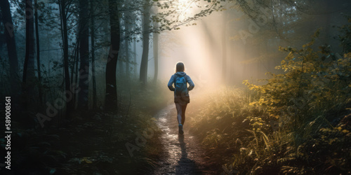 Dawn Trail Run: Woman Conquering the Forest with Determination and Strength. Generative AI
