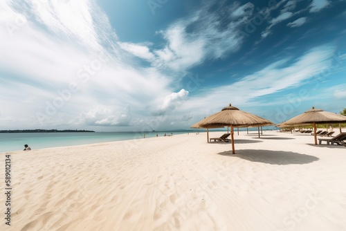 Beautiful beach, white sand chairs and umbrellas. © supatthanan