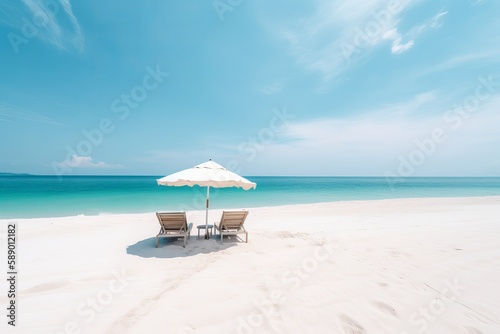 Beautiful beach, white sand chairs and umbrellas.