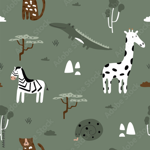 Childish seamless safari vector illustration with crocodile, leopard, giraffe and zebra surrounded by tropical plants for your design.