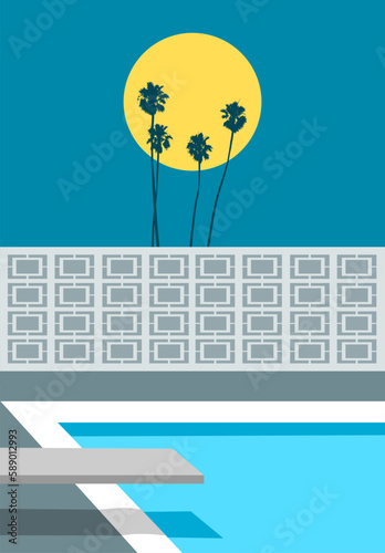 retro backyard pool with palm trees