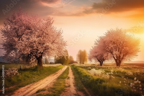 Beautiful spring landscape with blooming cherry trees and road at sunset