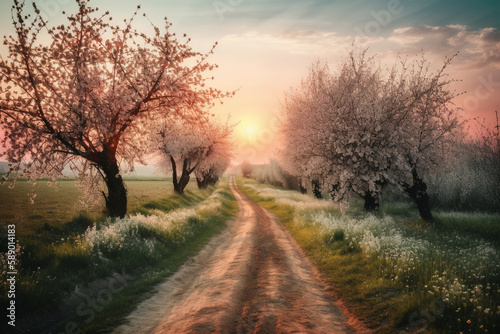 Beautiful spring landscape with blooming cherry trees and road at sunset