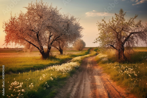 Beautiful spring landscape with blooming cherry trees and road at sunset © Daniel