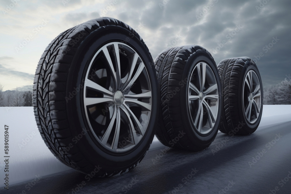 four car wheels on a road covered with snow in winter. Generative AI four car wheels on a road covered with snow in winter. Generative AI