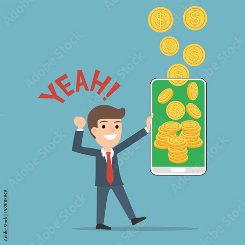 Cartoon character smartphone help businessman to earn money.  Smartphone to earn money concept,illustration vector cartoon