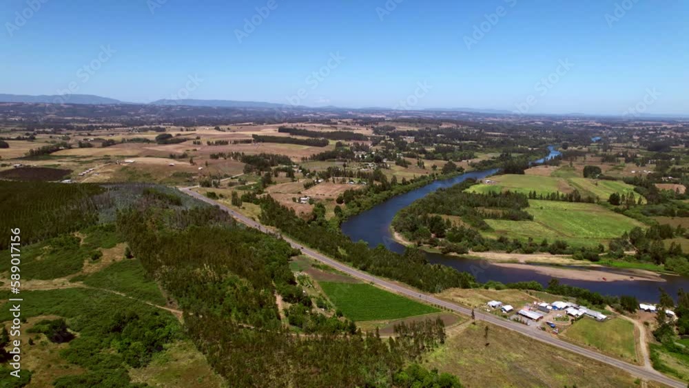 Aerial view over the Malleco Valley in Cautin Province in Chile, South America. Dolly forward drone shot
