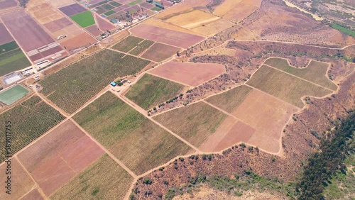 Aerial view establishing vineyard plots in the limari valley, arid zone of northern chile. photo