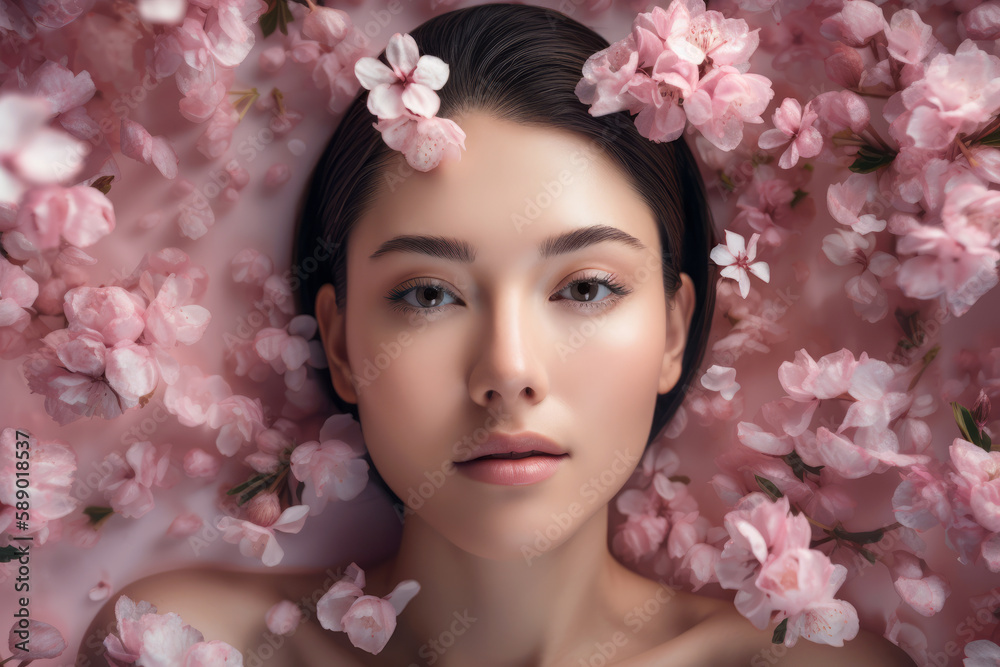Beautiful woman with sakura flowers , Generative Ai