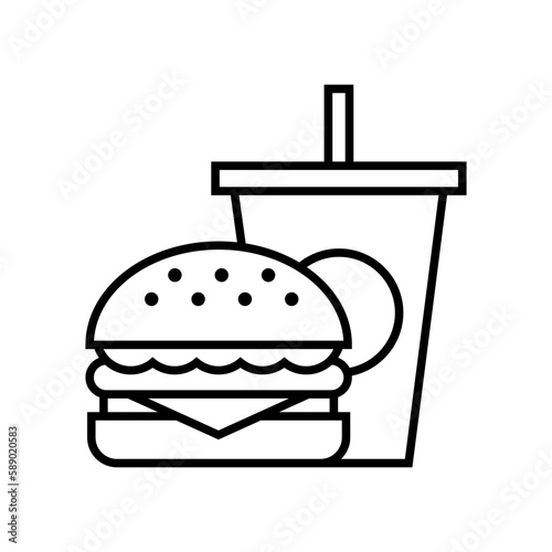 Hamburger and soda takeaway, Fast food icon, Outline flat design on white background, Vector illustration