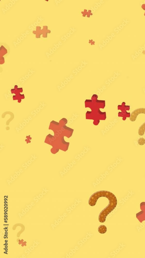 Animation of puzzles and question marks floating over yellow background Animation of puzzles and question marks floating over yellow background