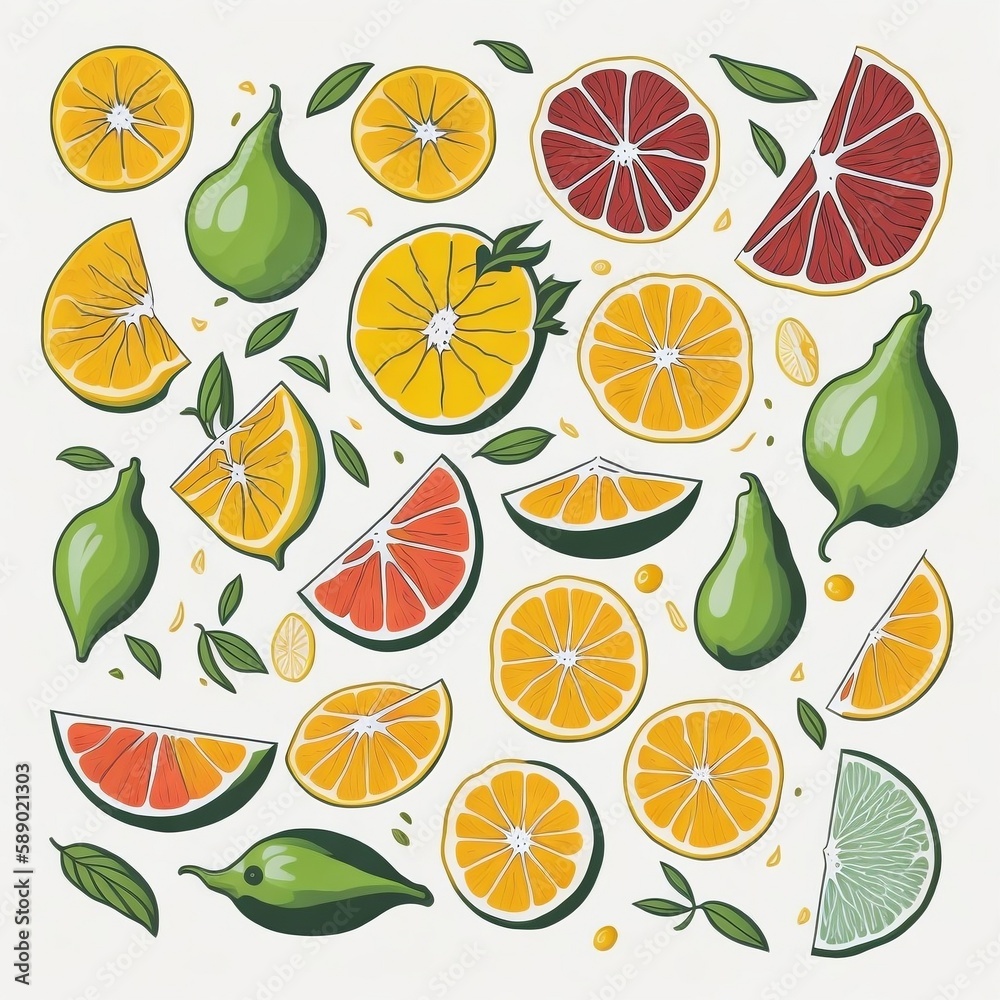 Mix of citrus fruit, Illustration with white background, Vector Art Style, generative AI