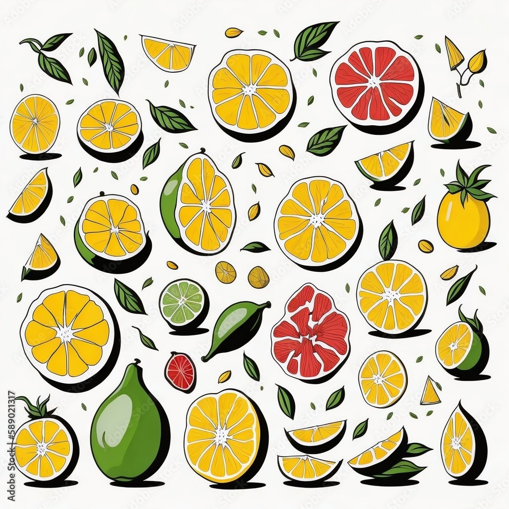 Mix of citrus fruit, Illustration with white background, Vector Art Style, generative AI Mix of citrus fruit, Illustration with white background, Vector Art Style, generative AI