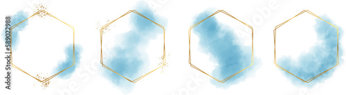 Hexagonal frame with abstract splashes of light blue watercolor brush strokes for logo, banner, card, cover, flyer and poster, watercolor strokes with gold hexagonal frame