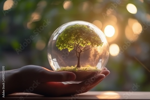 hand holding a glass sphere with tree inside, earth day concept. Generative ai