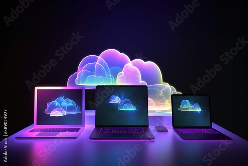 cloud computing technology concept with laptops glowing clouds. clouds technology. Generative AI 