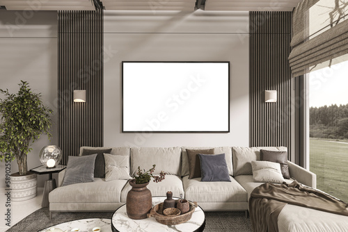 3D model image with a comfortable sitting area in the conservatory and a blank frame on the sofa