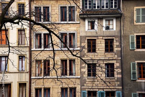 Facades of historic residential buildings, Place du Bourg-de-Four square, historic part of Geneva, Switzerland, Europe 
