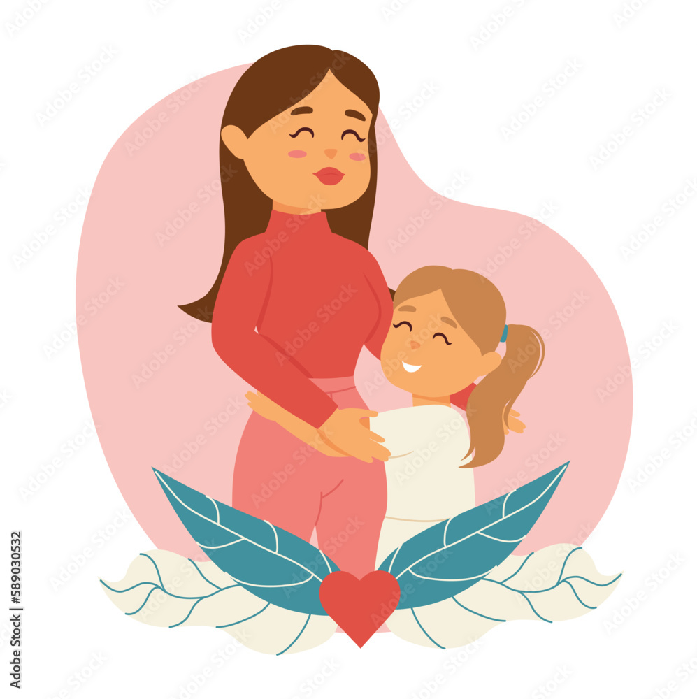 Concept Daughter hugging her mother mothers day The flat vector illustration depicts a heartwarming scene of a daughter hurrying her mother, with flowers in hand. Vector illustration. Concept Daughter hugging her mother mothers day The flat vector illustration depicts a heartwarming scene of a daughter hurrying her mother, with flowers in hand. Vector illustration.
