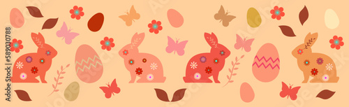 Easter banner with warm pastel coloured bunnies, eggs, butterflies, and flowers