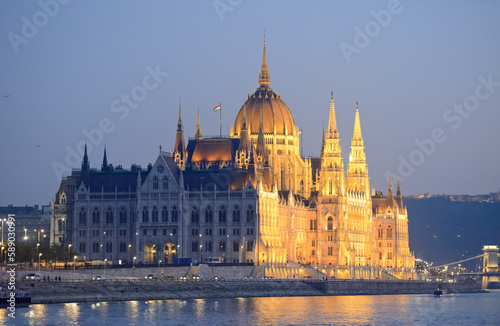 View of Hungarian Parliament Building with night lighting, Budapest.