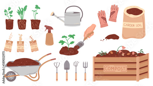 Hand drawn illustration of  gardening set isolated on white background. Tools and other objects staff for ecological gardening and planting.